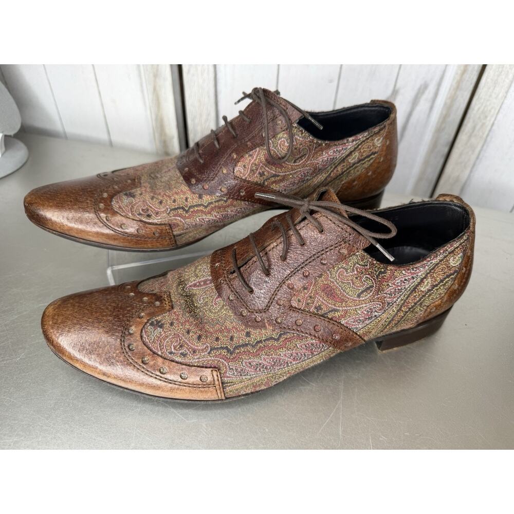 Etro Paisley Shoes Oxford Derby Leather & Multicolor Paisley Size 42 US 9